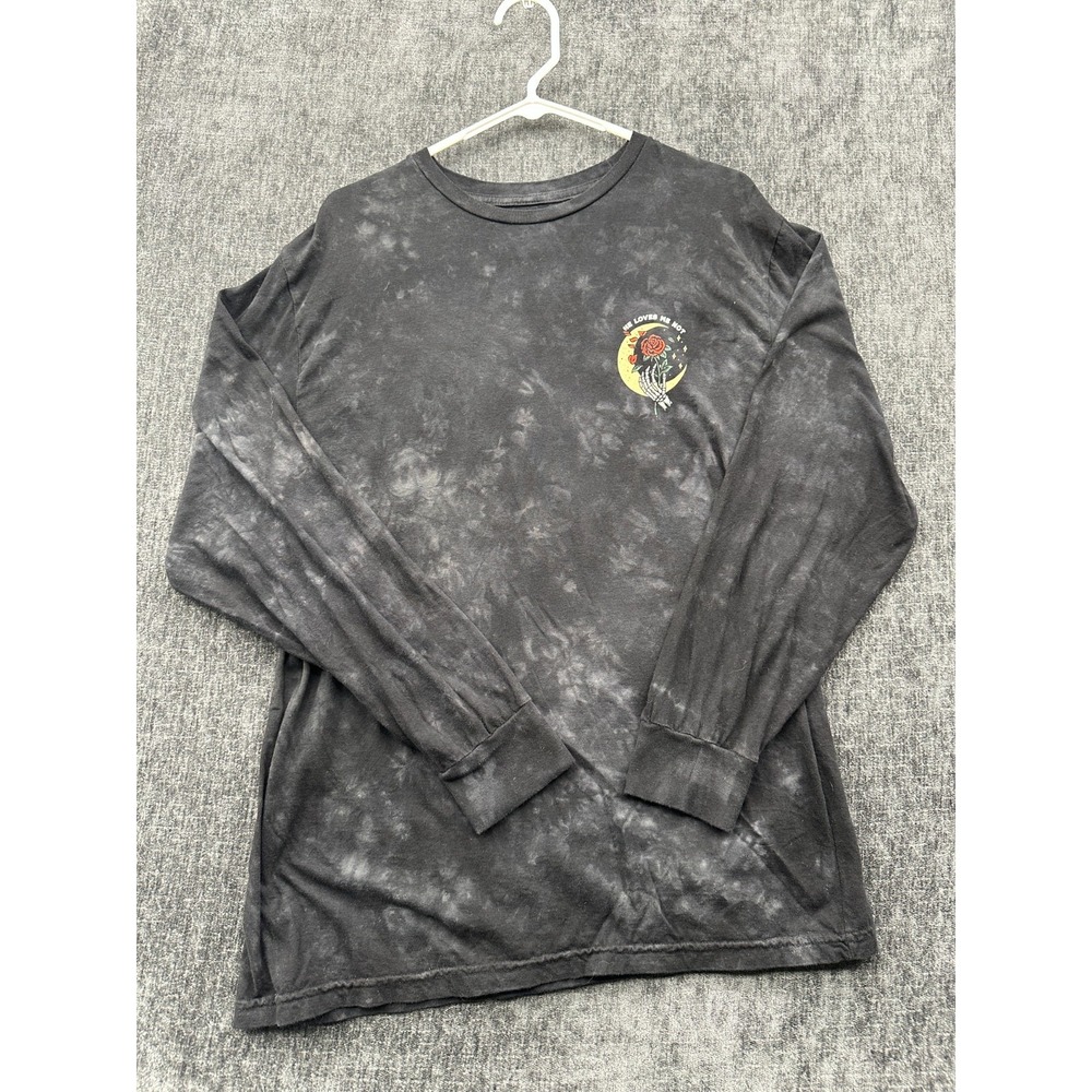 Last Call Co Shirt Mens Black Large Acid Wash Cotton He Love Me Not Skull Flower